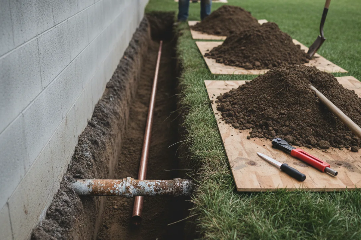 Excavated water line trench during Water Heater Repair in Gardiner
